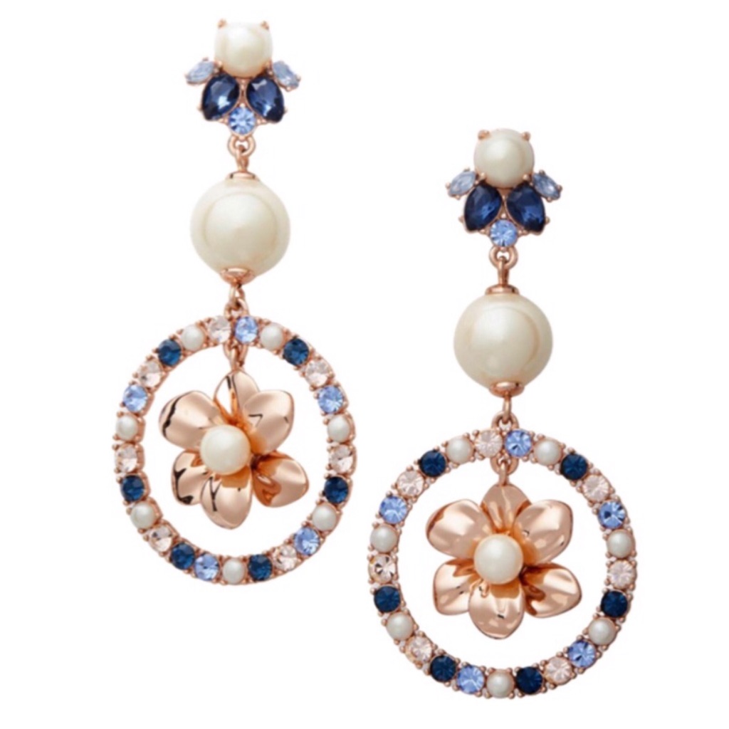 Kate Spade Rose Gold, Navy And Pearl Floral Drop Earrings